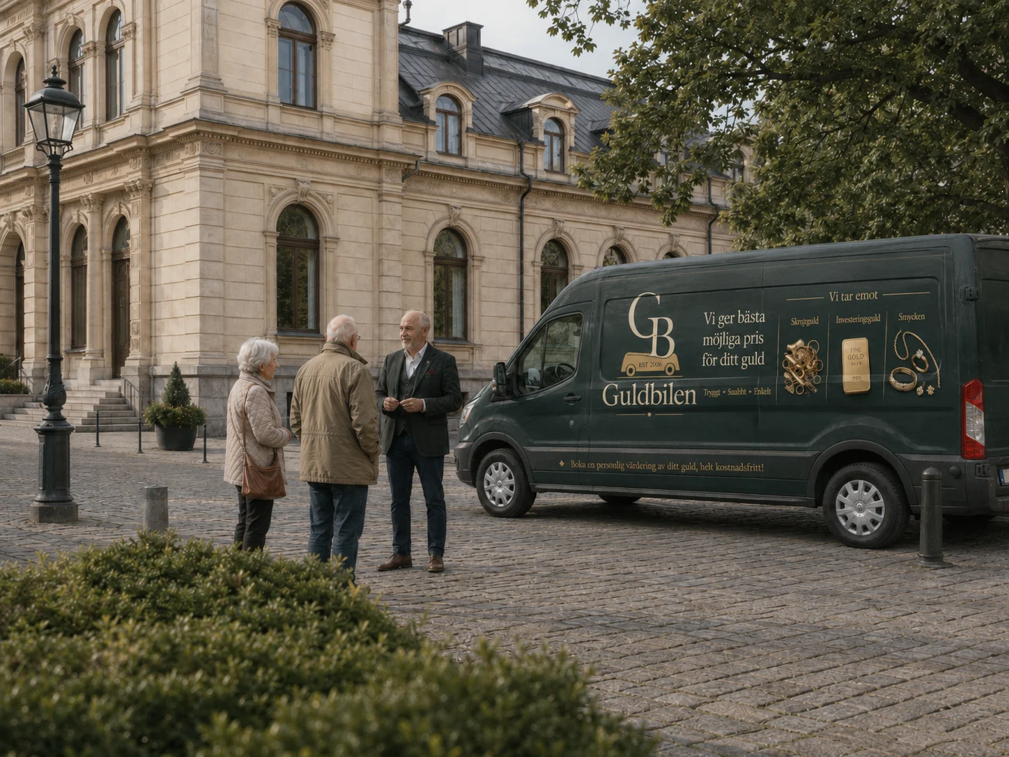 Guldbilen-servicebil och personlig guldvärdering utanför en stadsmiljö
